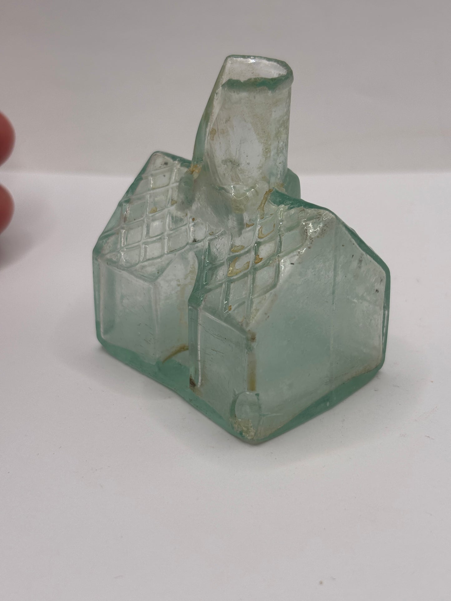 Old aqua glass cottage ink, ink bottle. Inkwell (ST) DAMAGED