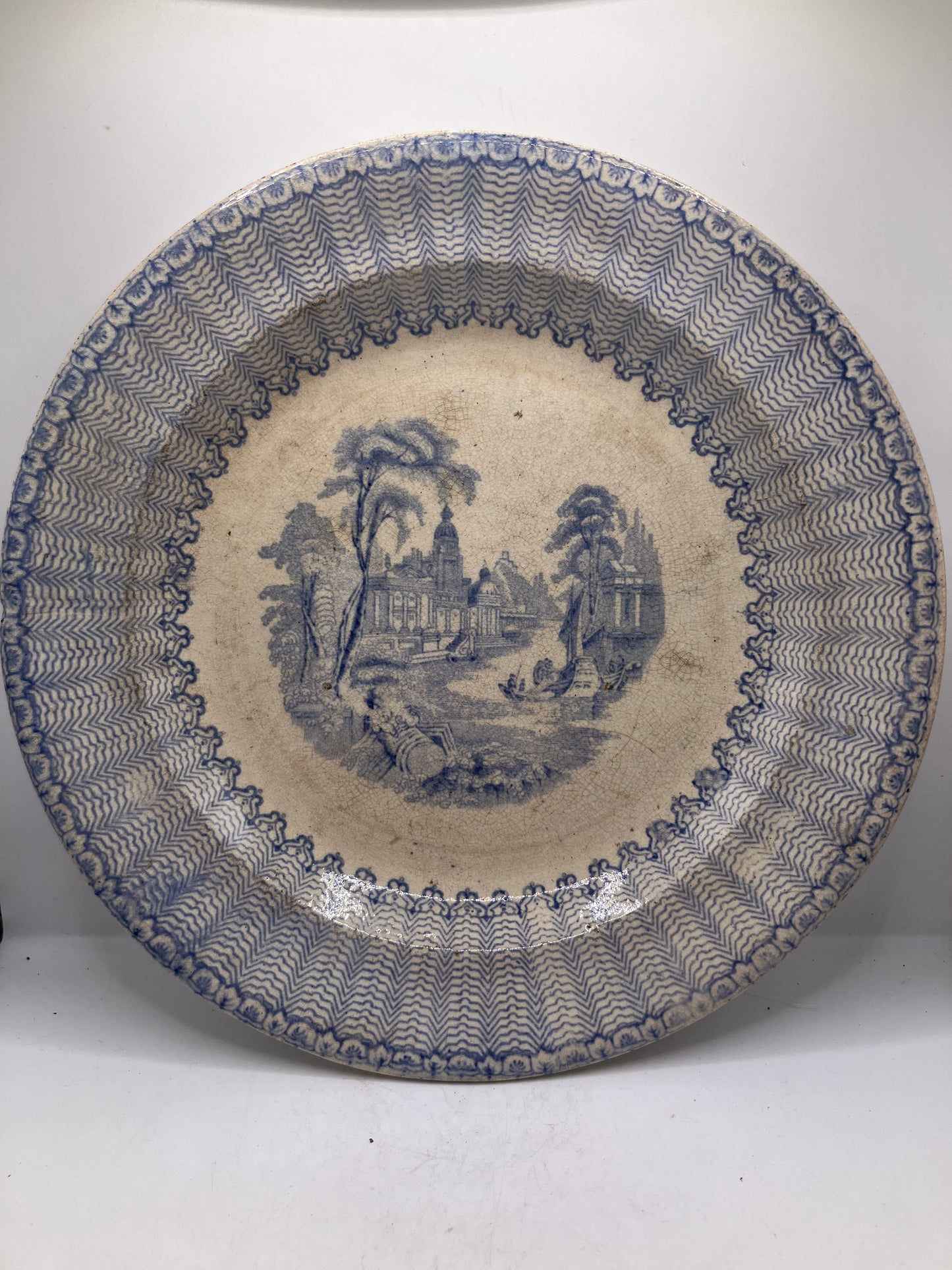 2 old blue and white plates, mid 1800s with diamond registration, stained & crazed