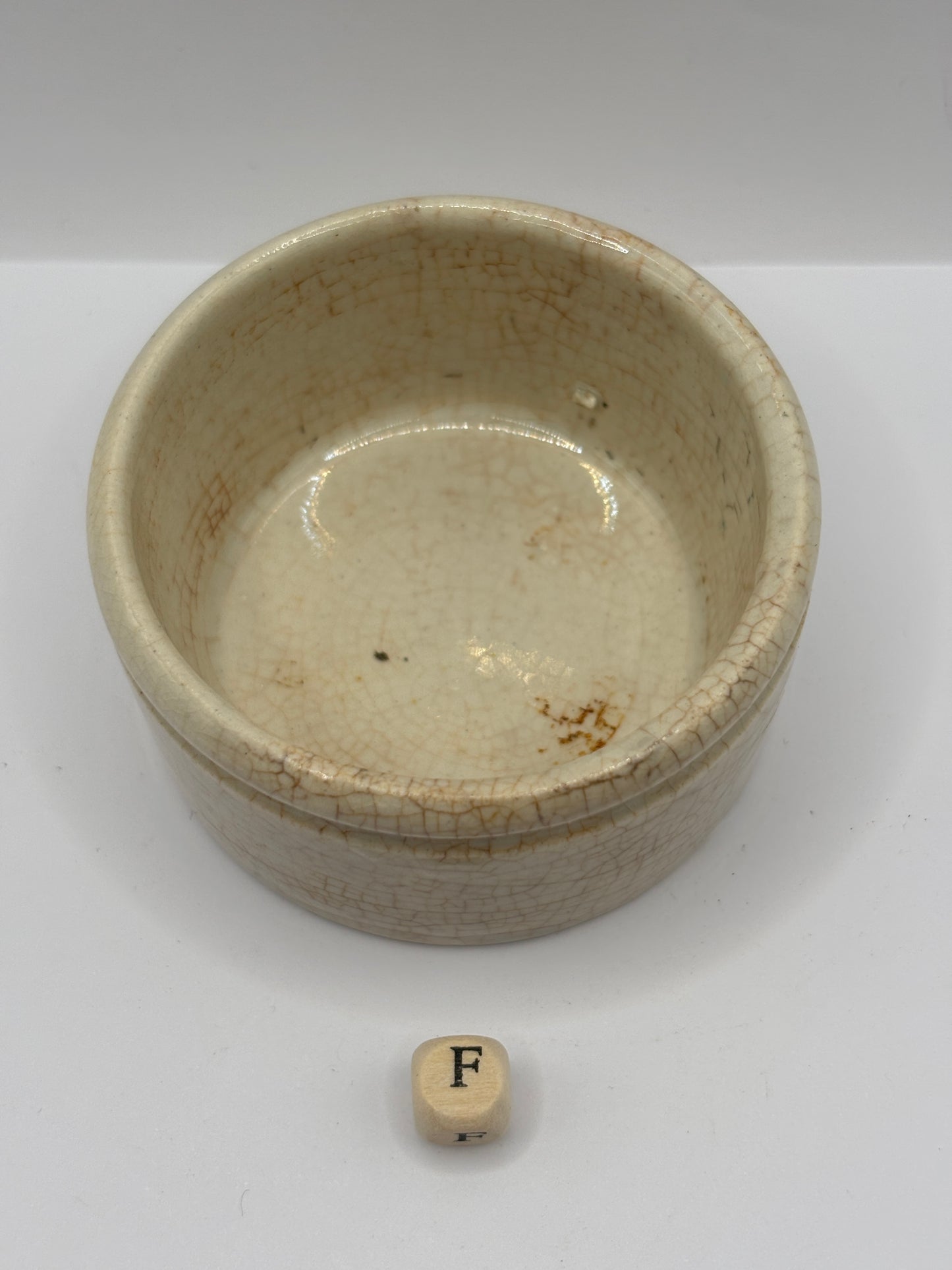Old stained & crazed meat paste pot (F)
