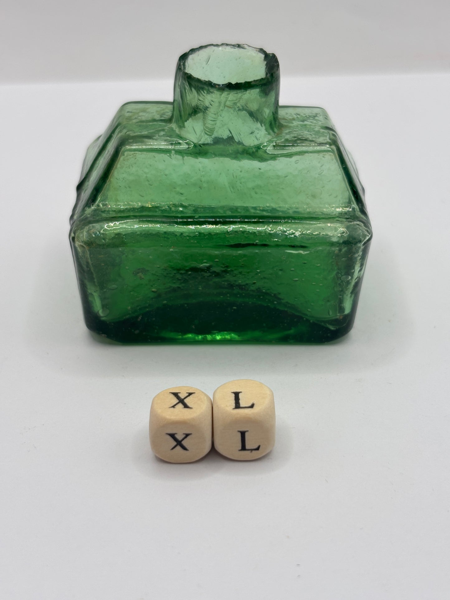 Old green glass boat ink, inkwell, penny ink (XL)