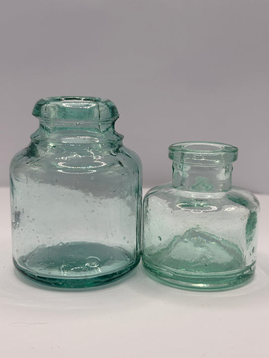 2 old aqua glass inkwells. Ink bottles. Smooth top