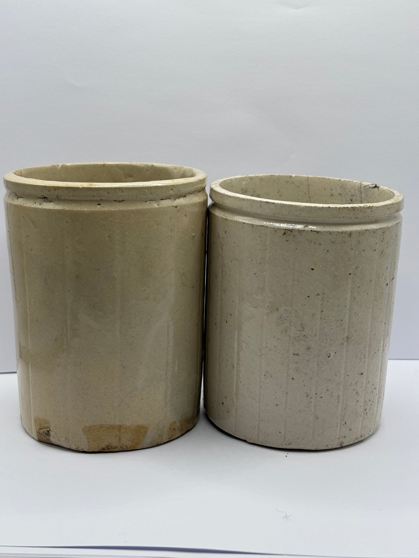 2 old ribbed stoneware jam pots, 1lb size