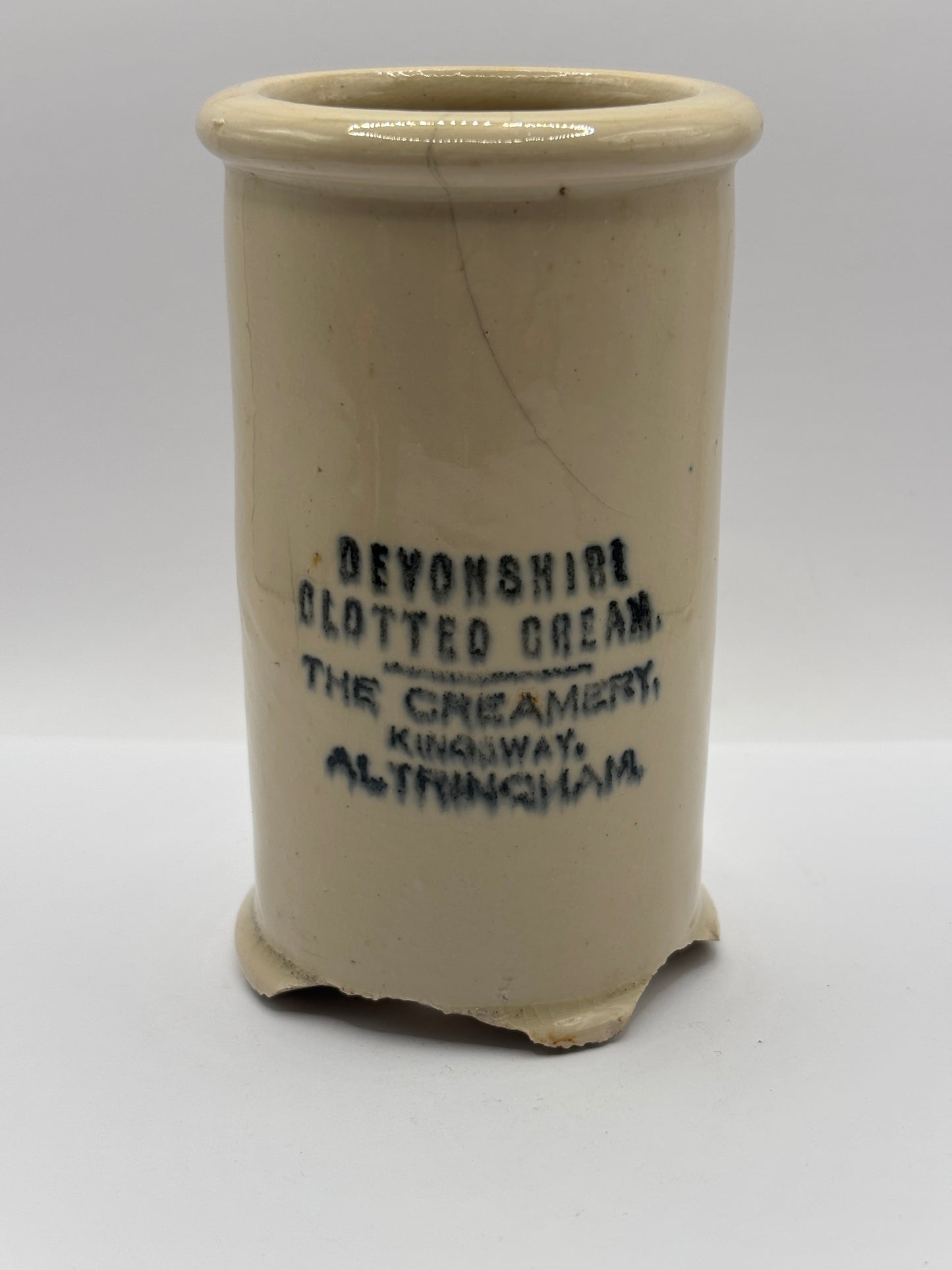Old advertising clotted cream pot, Devonshire clotted cream, damaged
