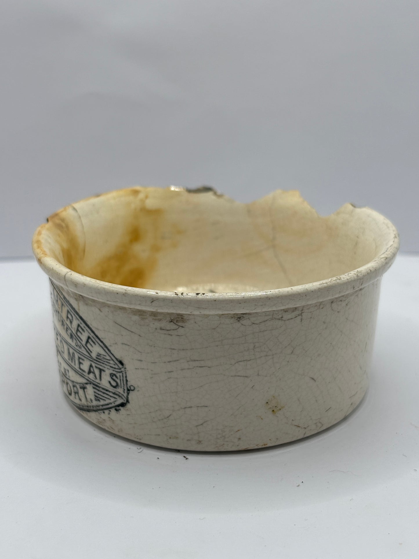 Plumtree home potted meats advertising pot. Damaged