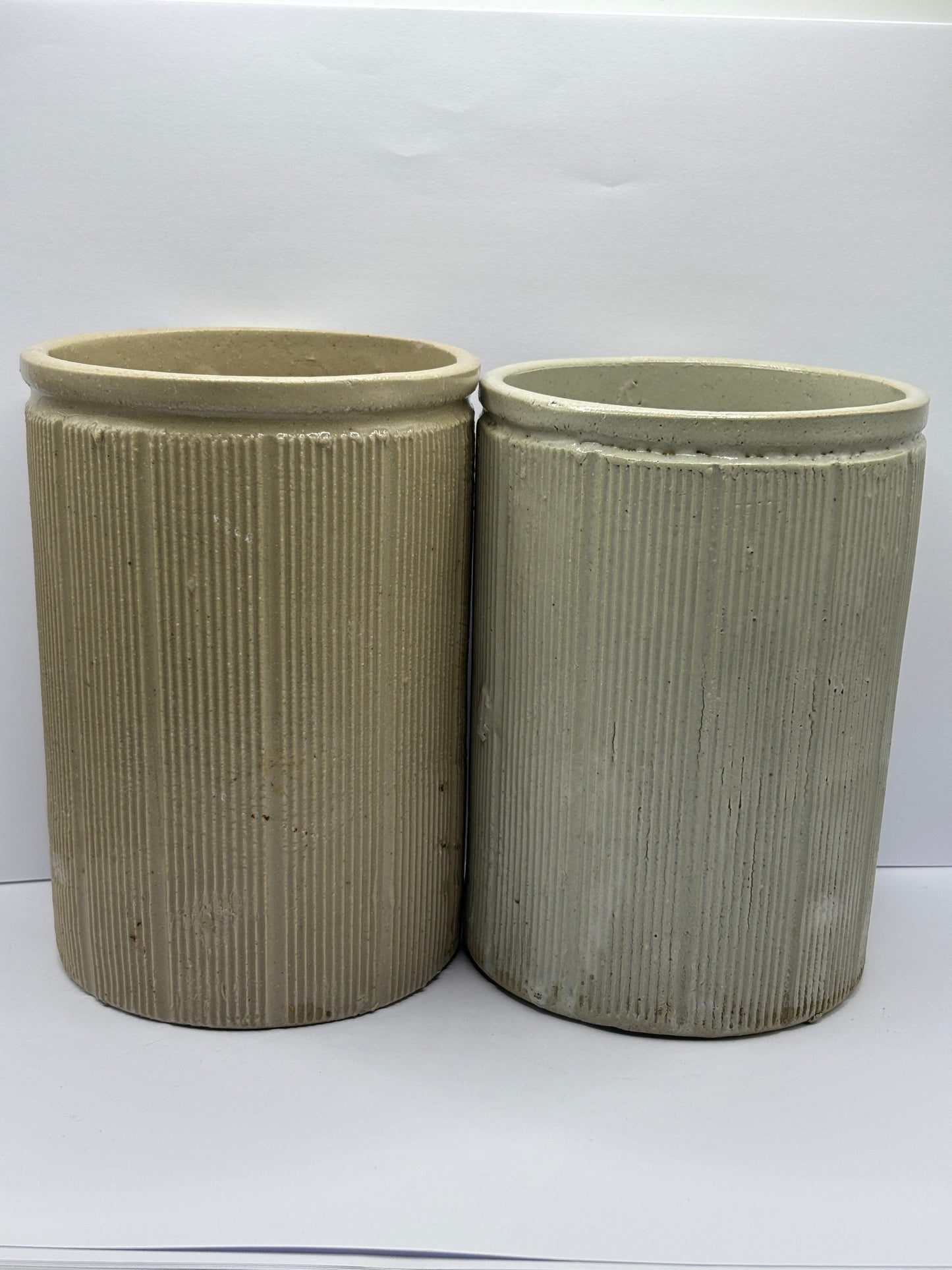 2 old ribbed stoneware jam pots, 2lb size