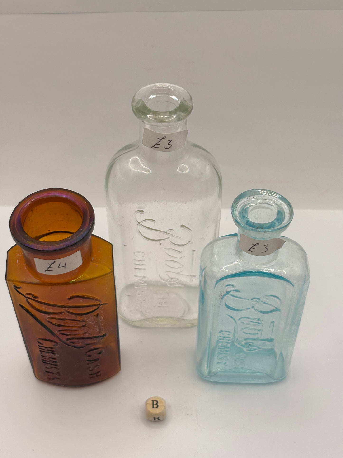 3 Old glass Boots cash chemists bottles (B)
