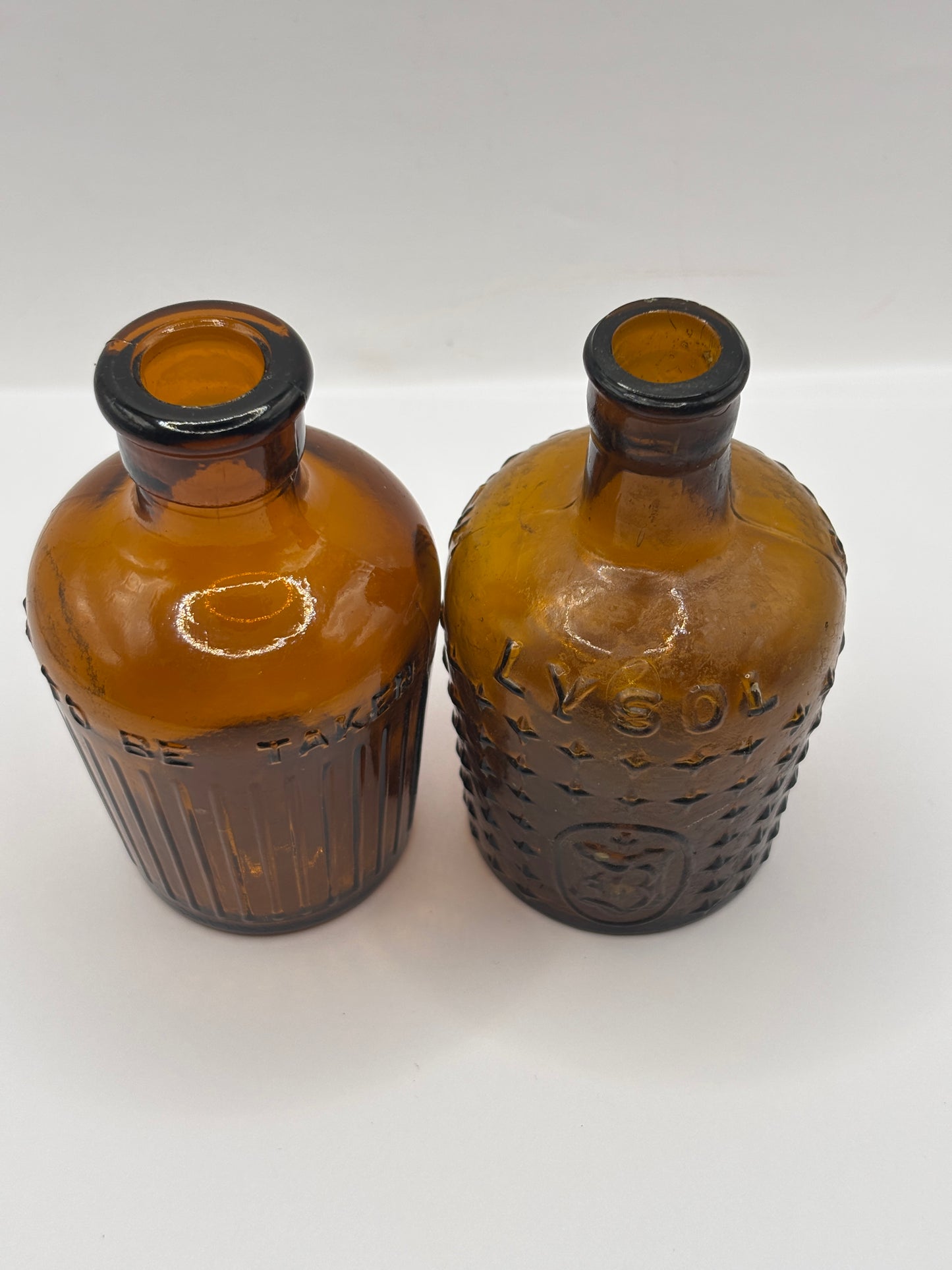 2 Old amber glass lysol bottles, Not to be taken