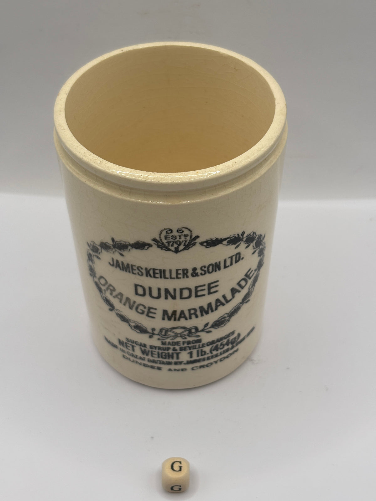 Old 1lb stoneware marmalade pot, James Keiller Dundee marmalade (G)