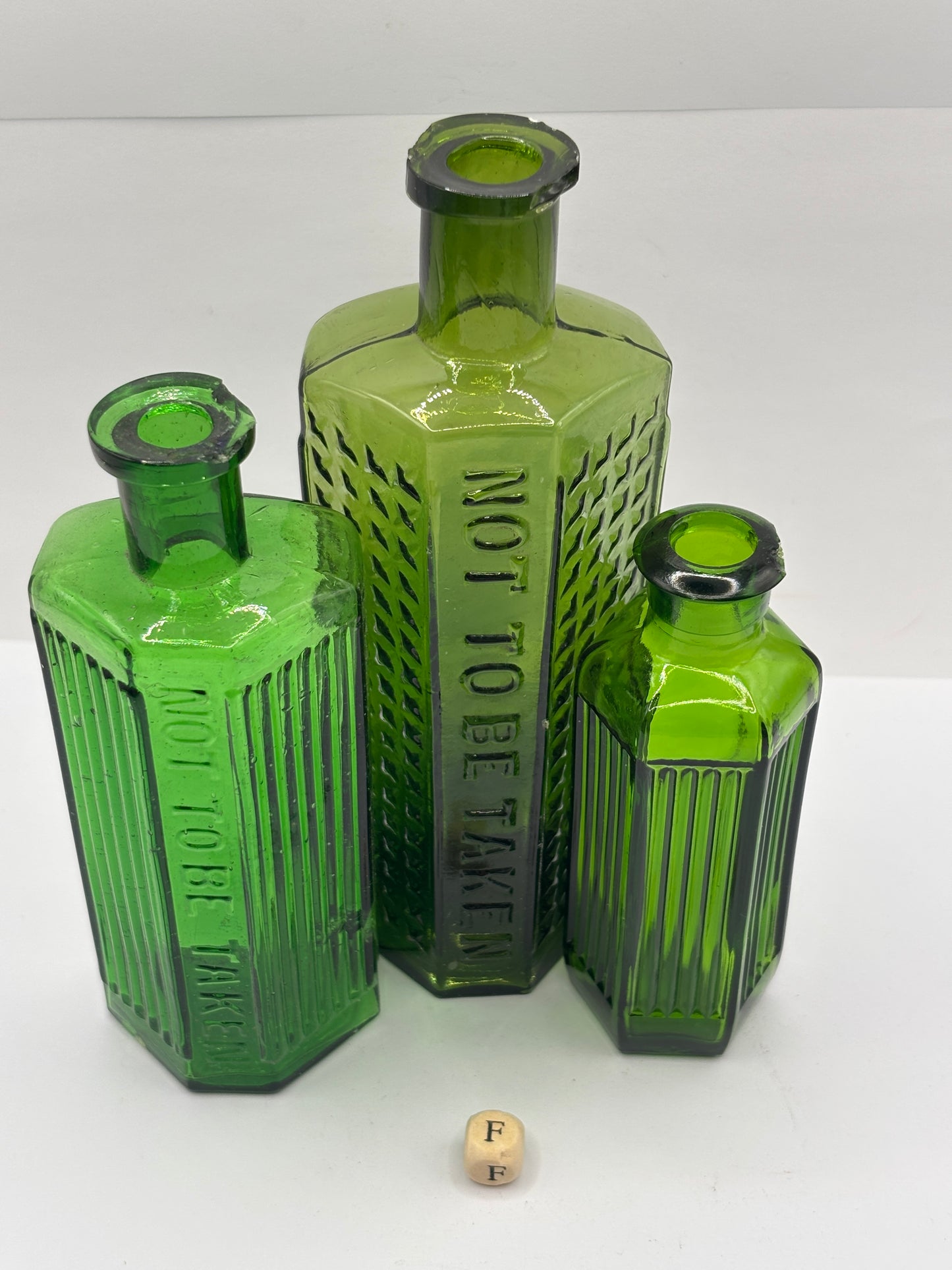 3 old green glass poison bottles, chipped (F)