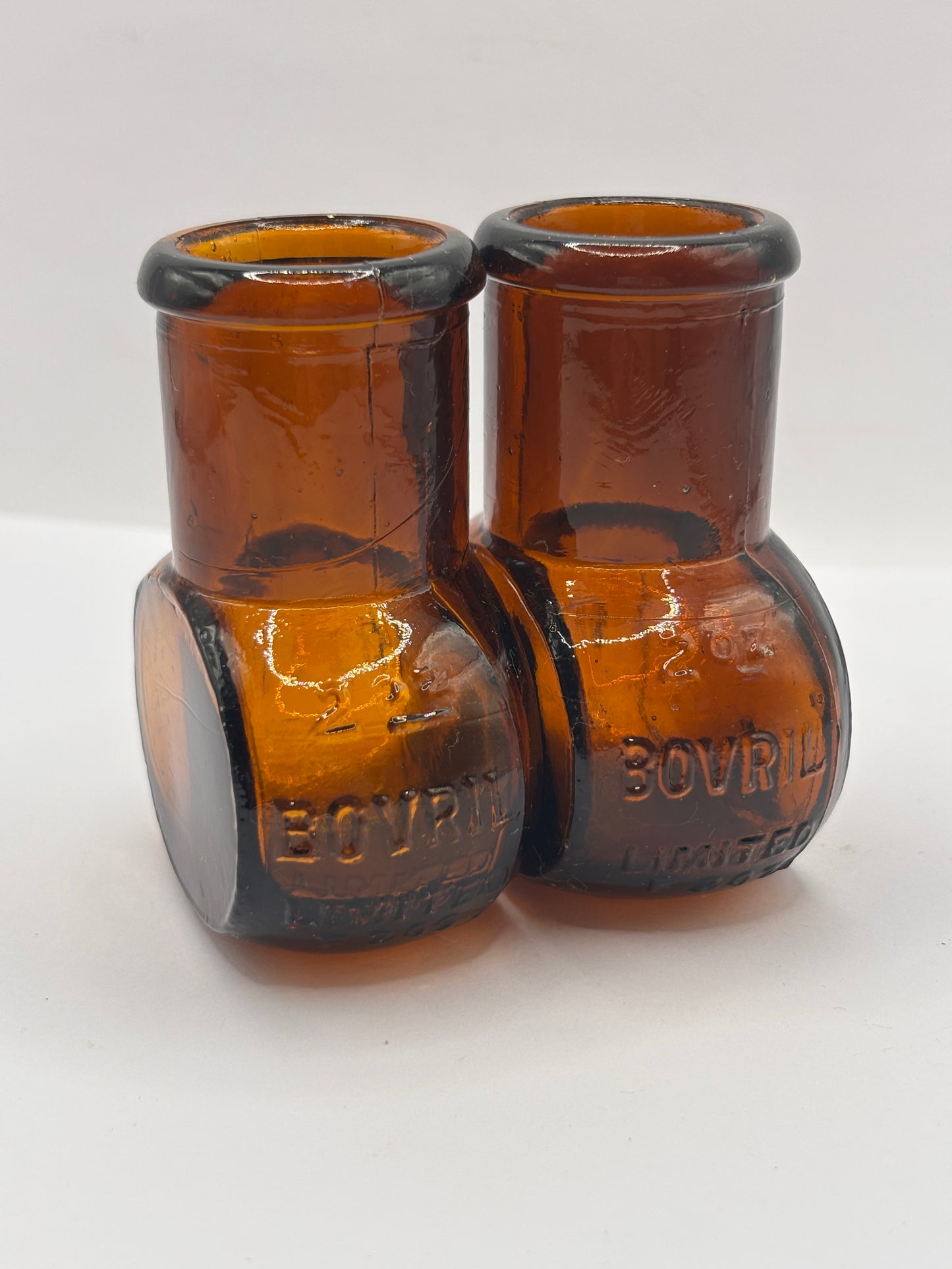2 old amber glass bovril bottles 2oz