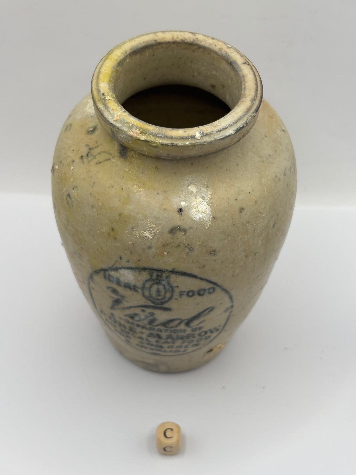 Old advertising stoneware Virol pot, 13.5cms (c) crusty/burnt
