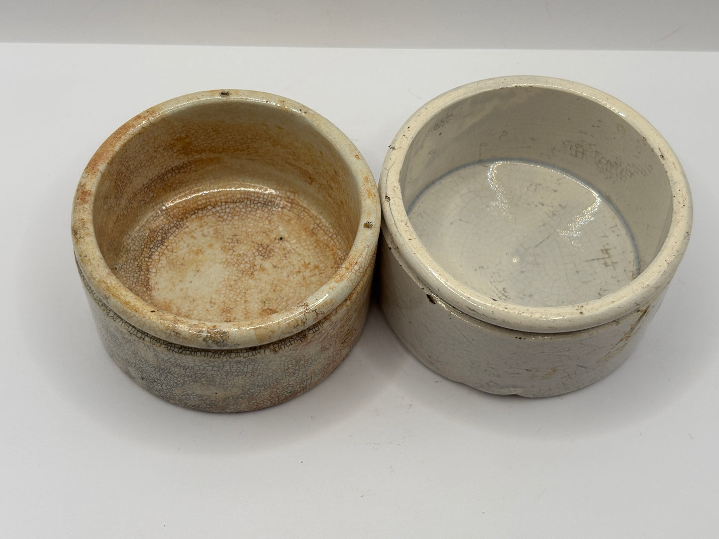 2 Old stoneware meat paste pots, potted meats
