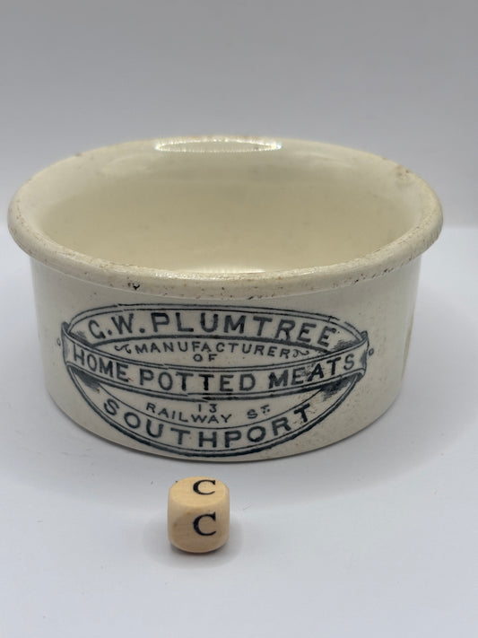Old advertising meat paste pot, Plumtree home potted meats (c)