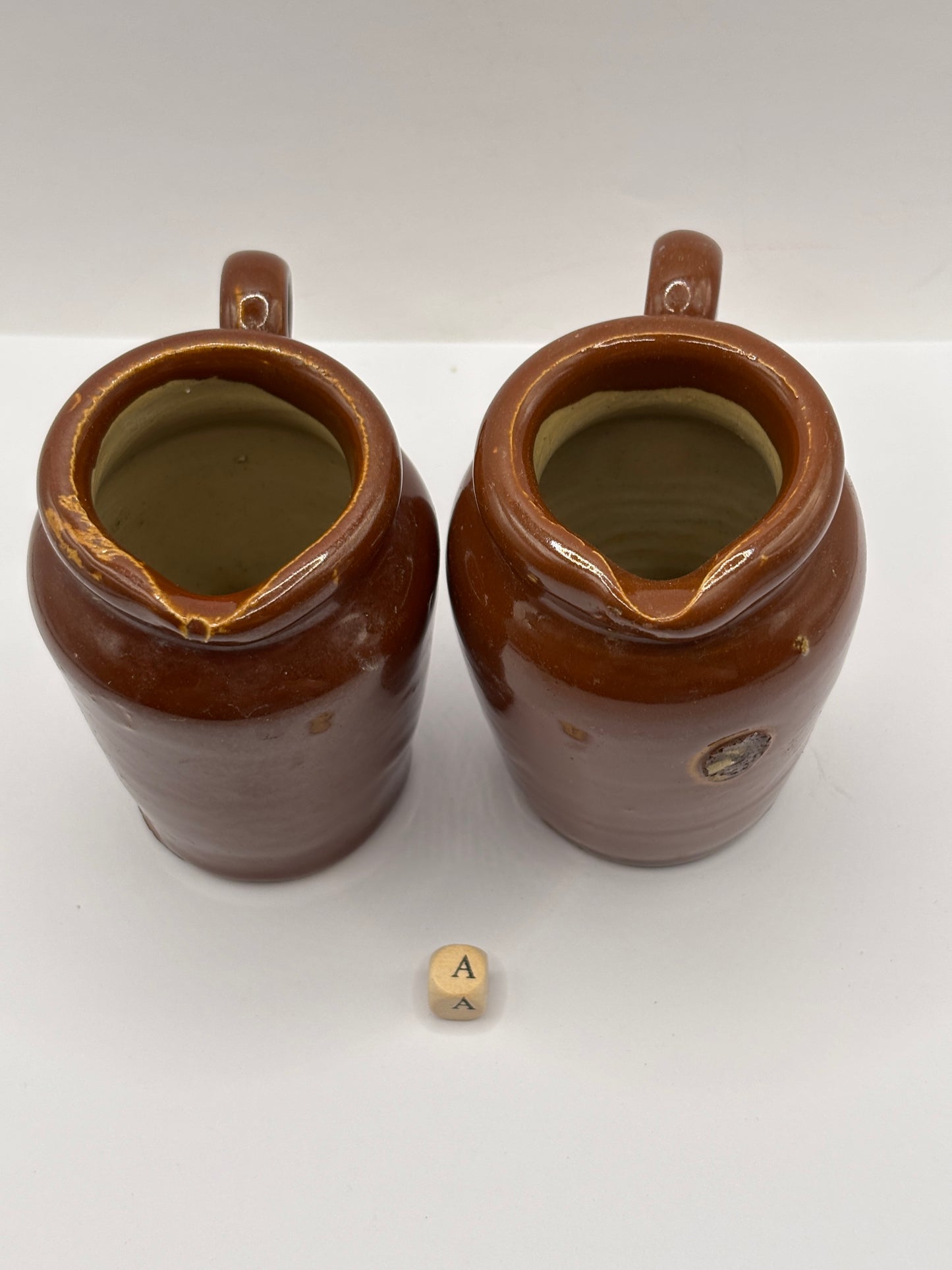 2 old small brown stoneware cream pots (a)