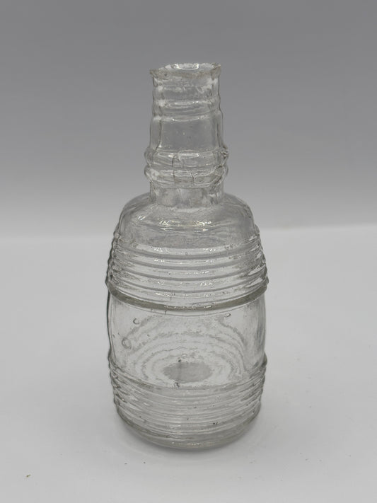 Old clear glass barrel ink bottle, inkwell