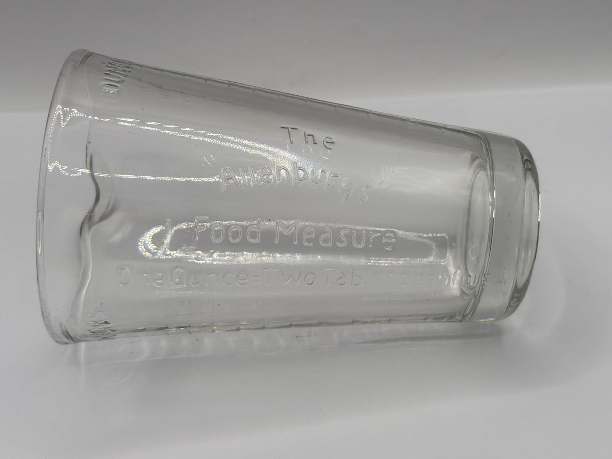 Old clear glass food measuring jug, The allenburys food measure