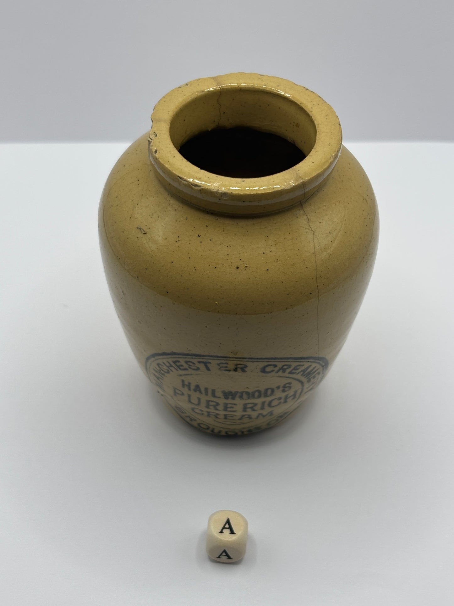 Old Manchester cream pot, Hailwoods pure rich cream (a) damaged