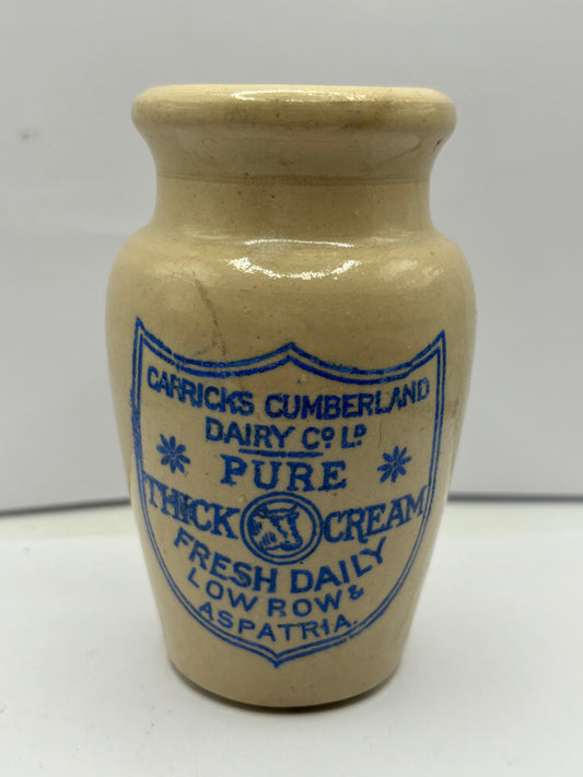 Carricks advertising cream pot, pure thick cream. Blue print