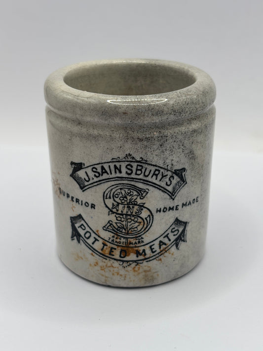 Old stoneware advertising jar, Sainsburys potted meat