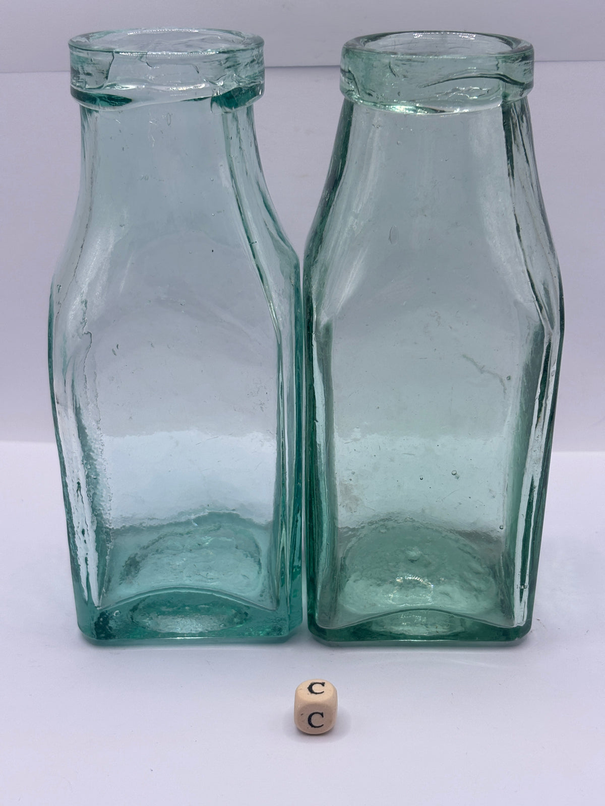 2 Old square aqua glass pickle jars (c)