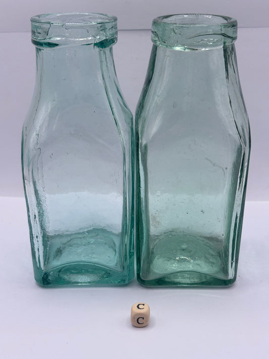 2 Old square aqua glass pickle jars (c)