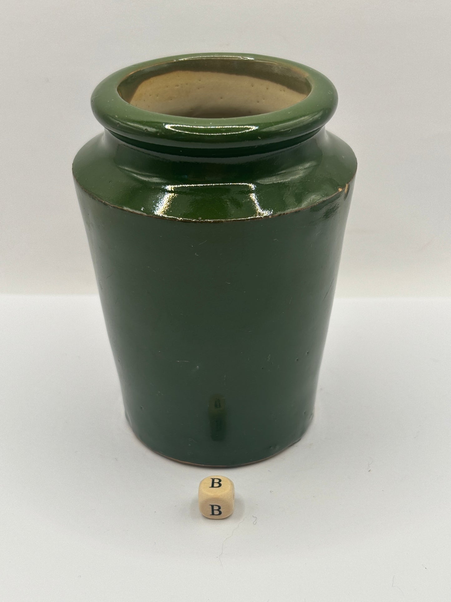 Old green stoneware Harrogate cream pot 11cms (B)