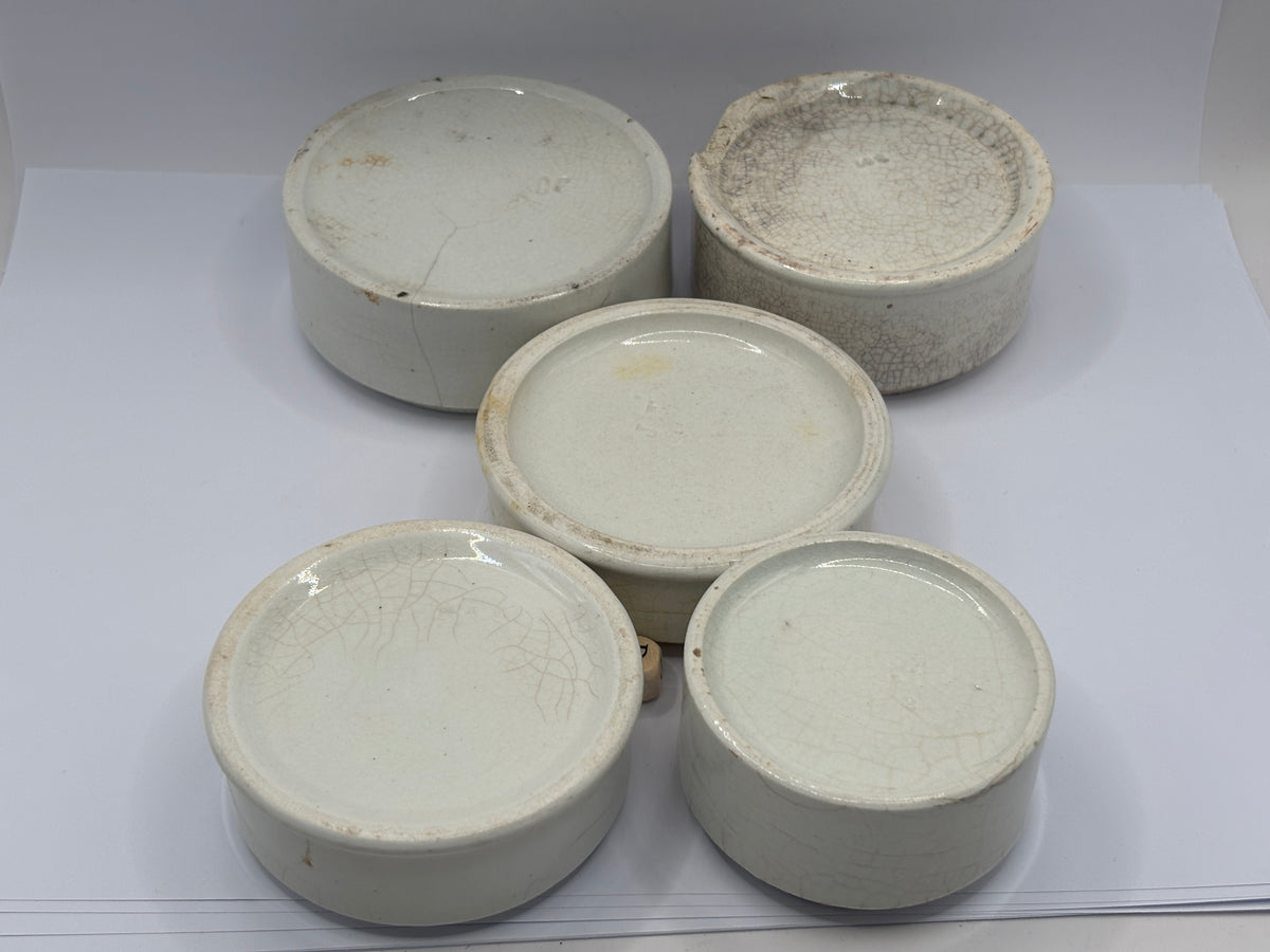 5 old stoneware pot lid bases, stackers (D)