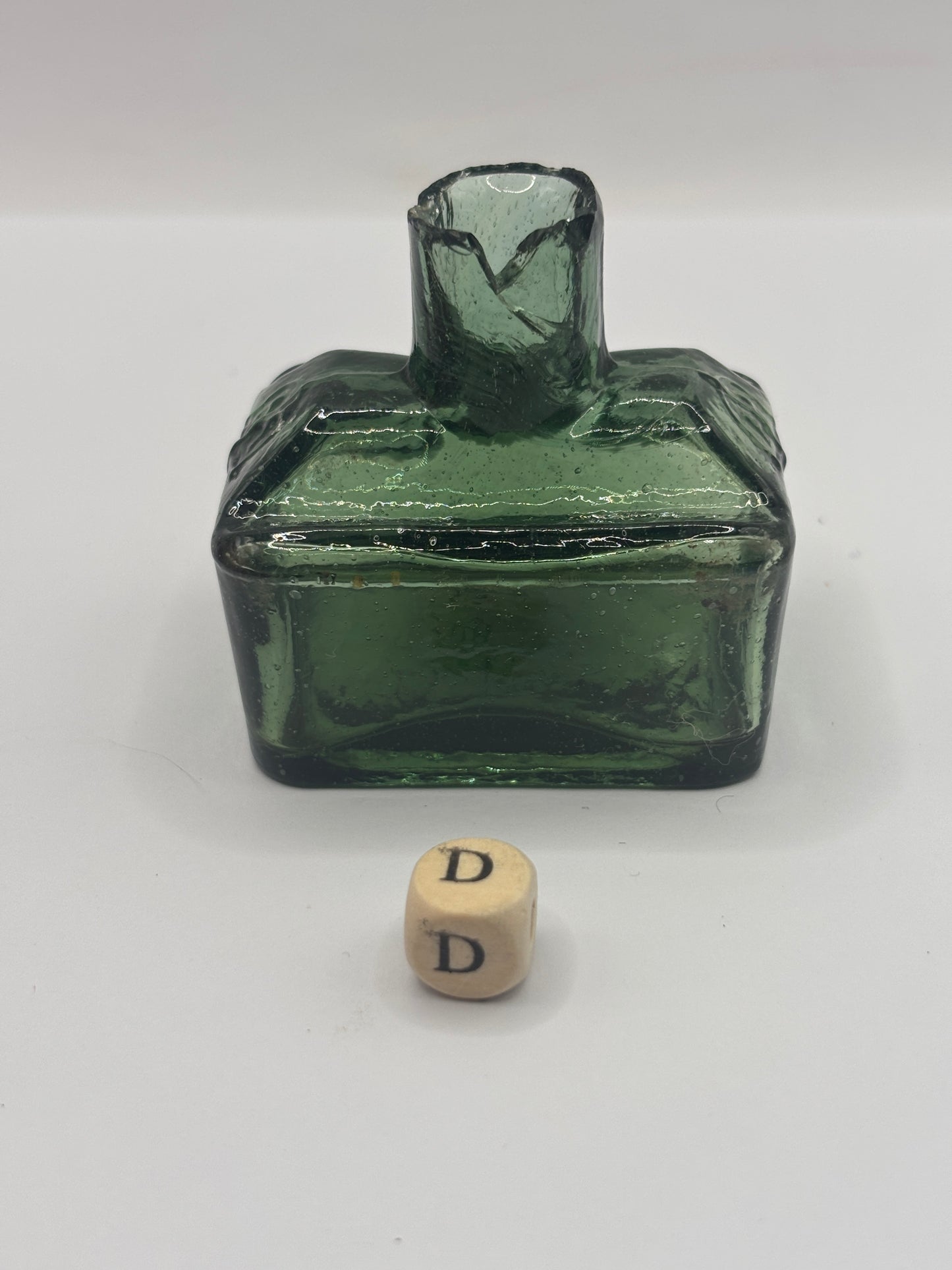Old green glass boat ink, inkwell. Morrells (D) DAMAGED