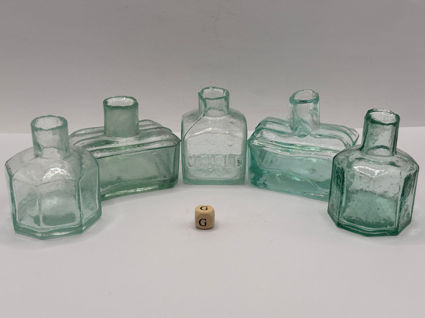 5 old aqua glass inks, inkwells, ink bottles, penny ink (G)