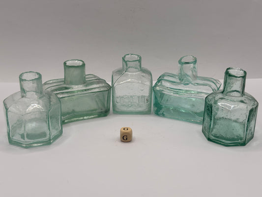 5 old aqua glass inks, inkwells, ink bottles, penny ink (G)