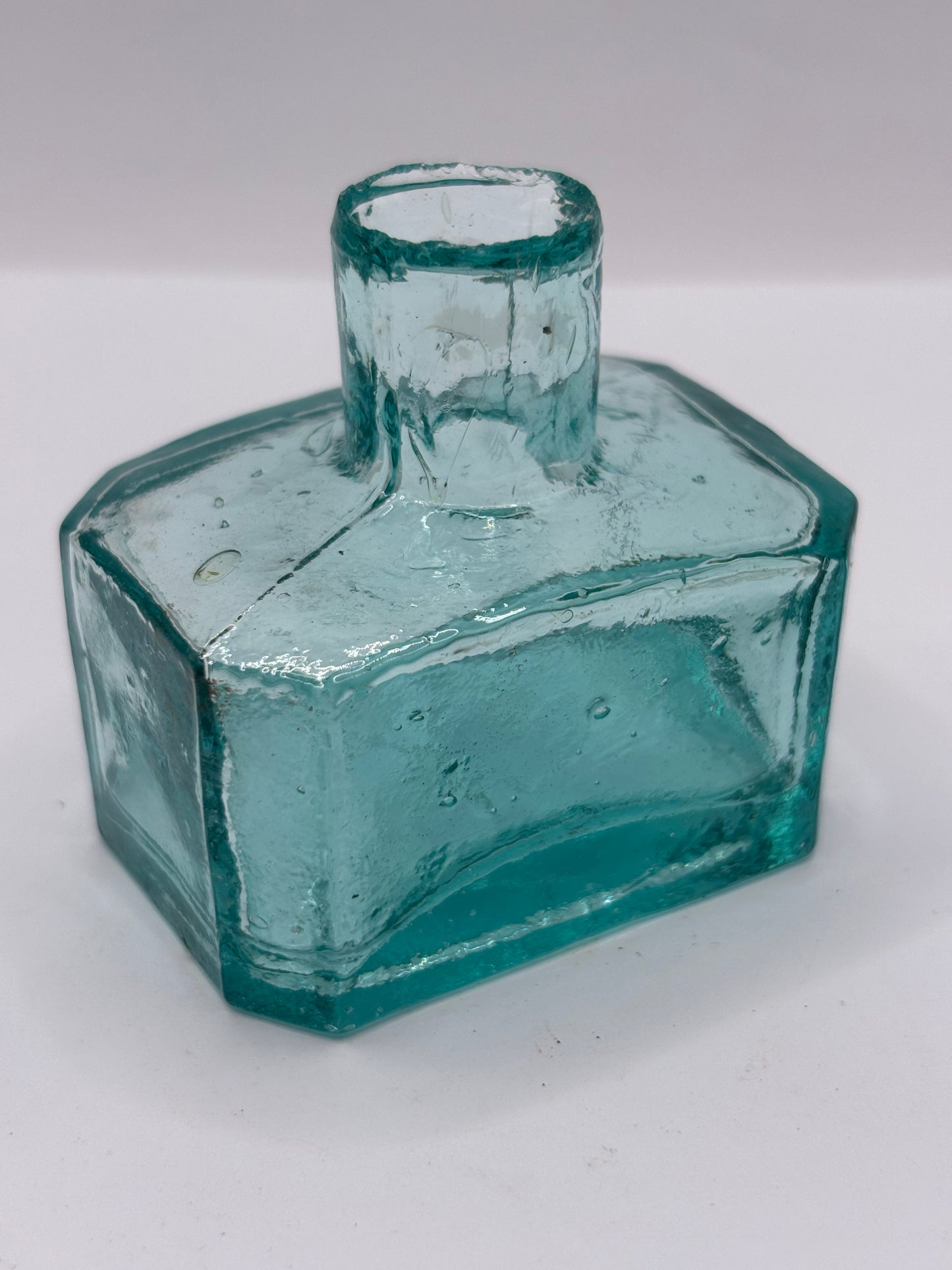 Old aqua glass inkwell, ink bottle