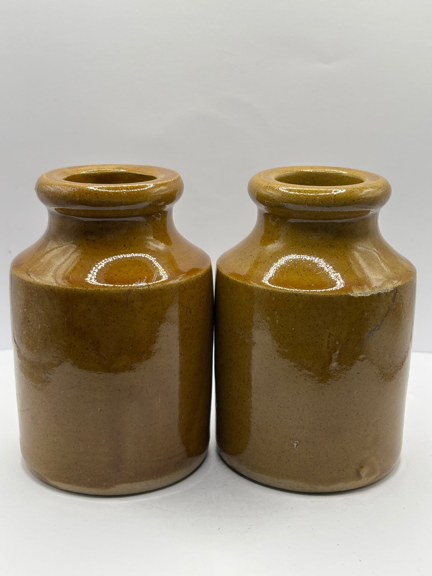 2 old brown stoneware mustard pots 11cms
