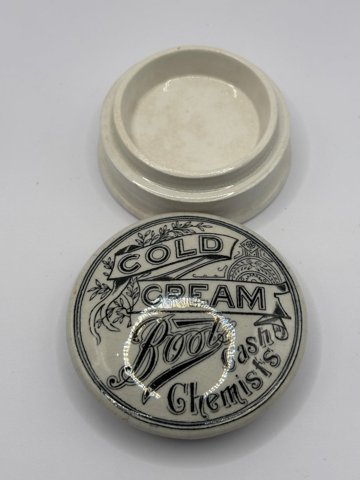 Old advertising lid and base, Boots cold cream