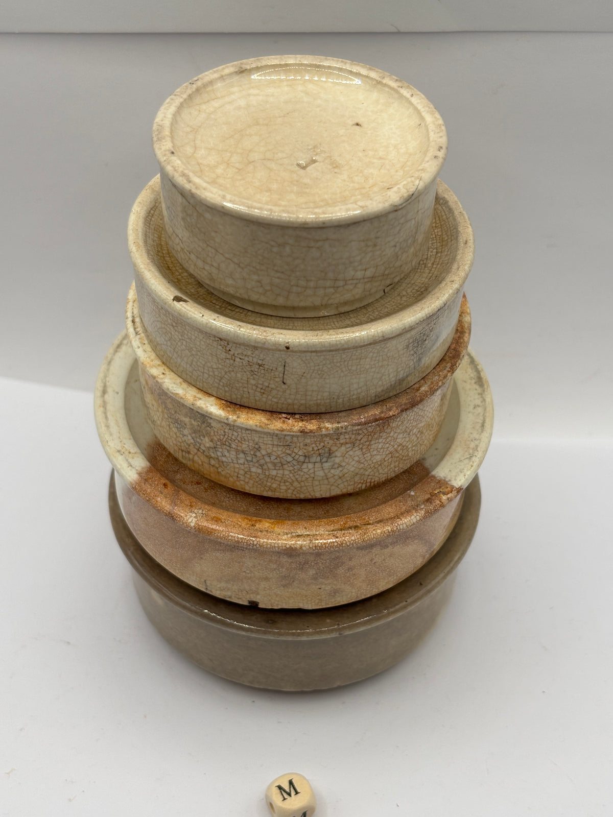 5 old stoneware pot lid bases, stackers (m)