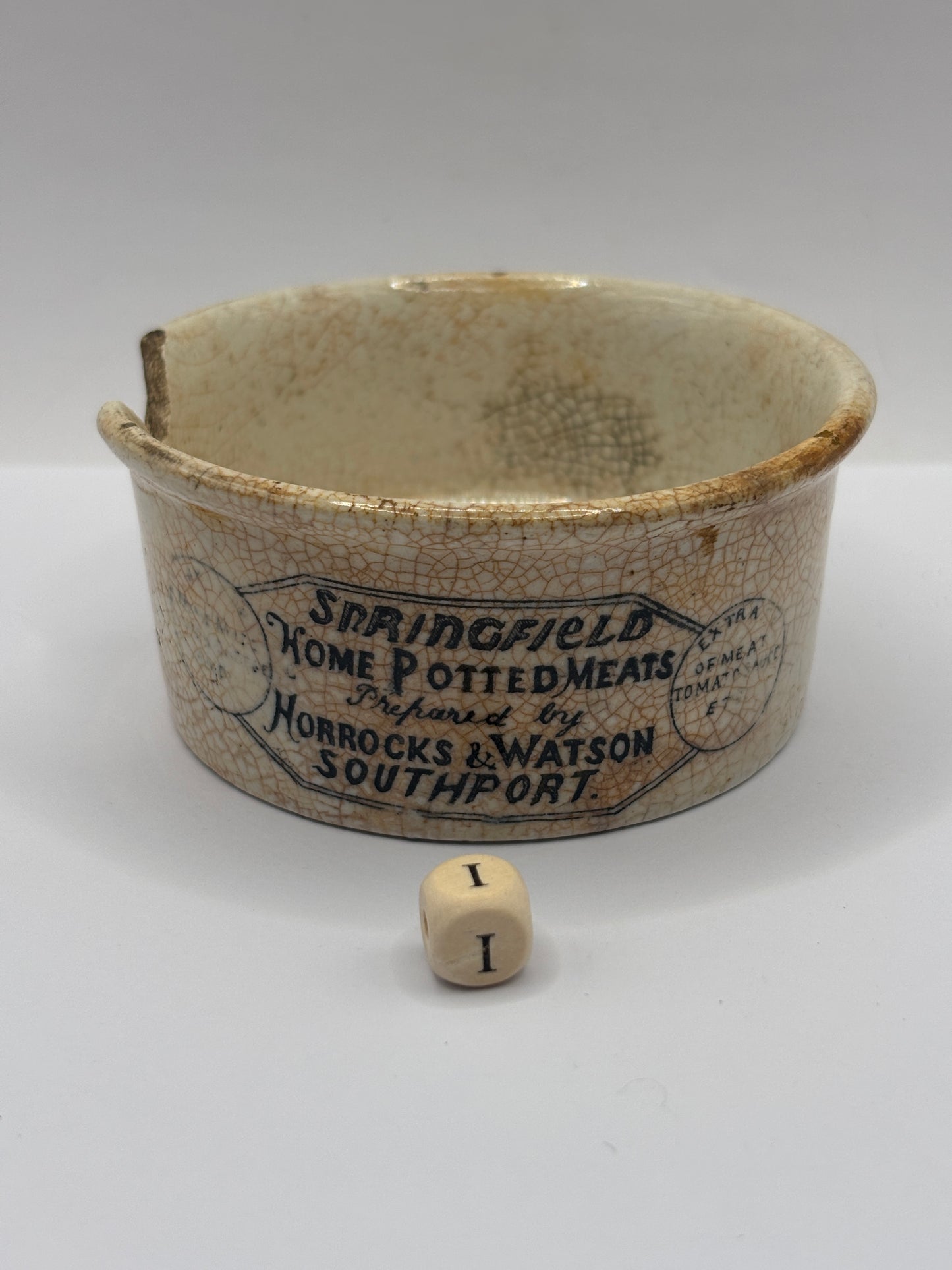 Old advertising meat paste pot, Springfield (i) damaged