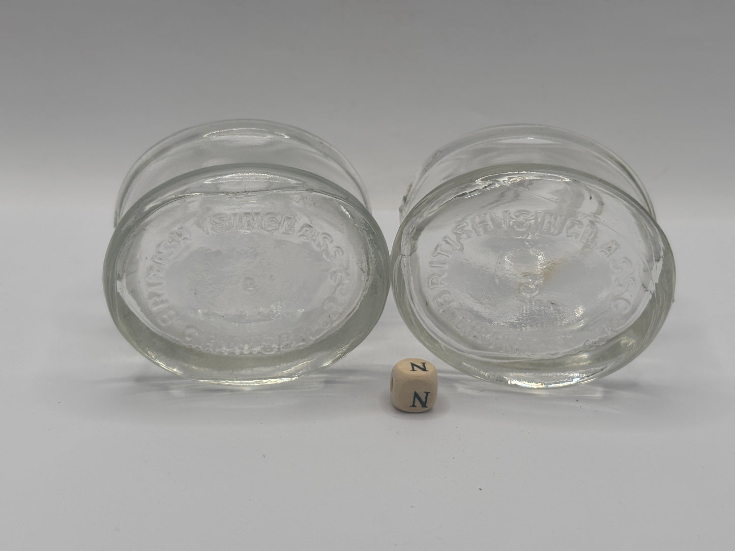 2 old clear glass inks, inkwells, ink bottles (N)