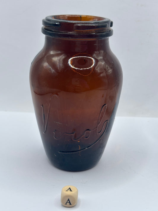Old amber glass Virol jar (a) 10.5cms