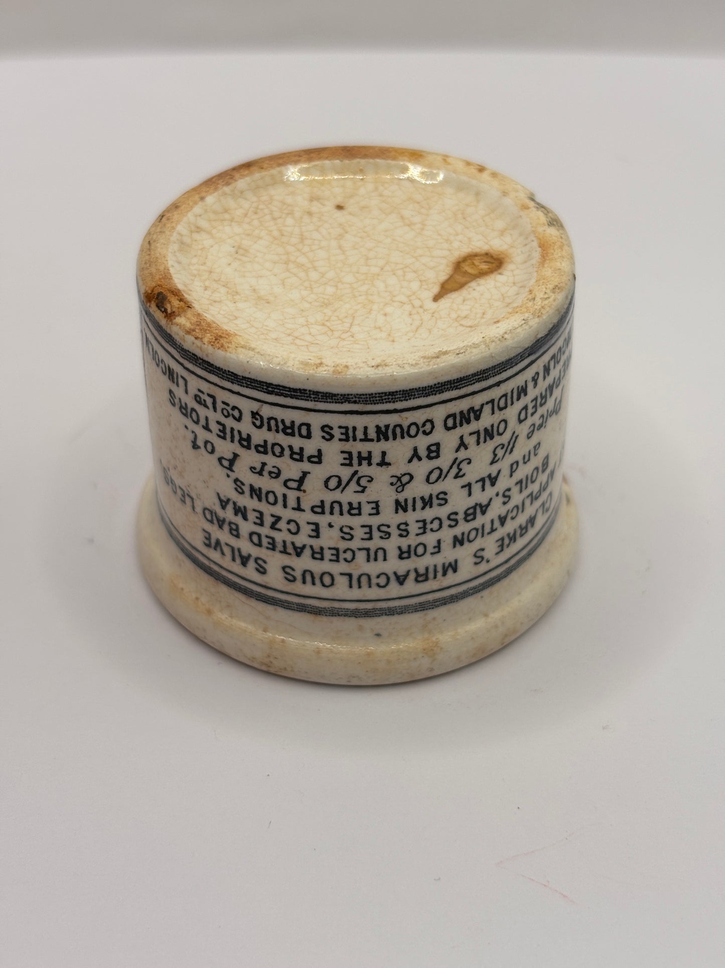 Old advertising ointment pot, clarkes miraculous salve ointment. Hairline