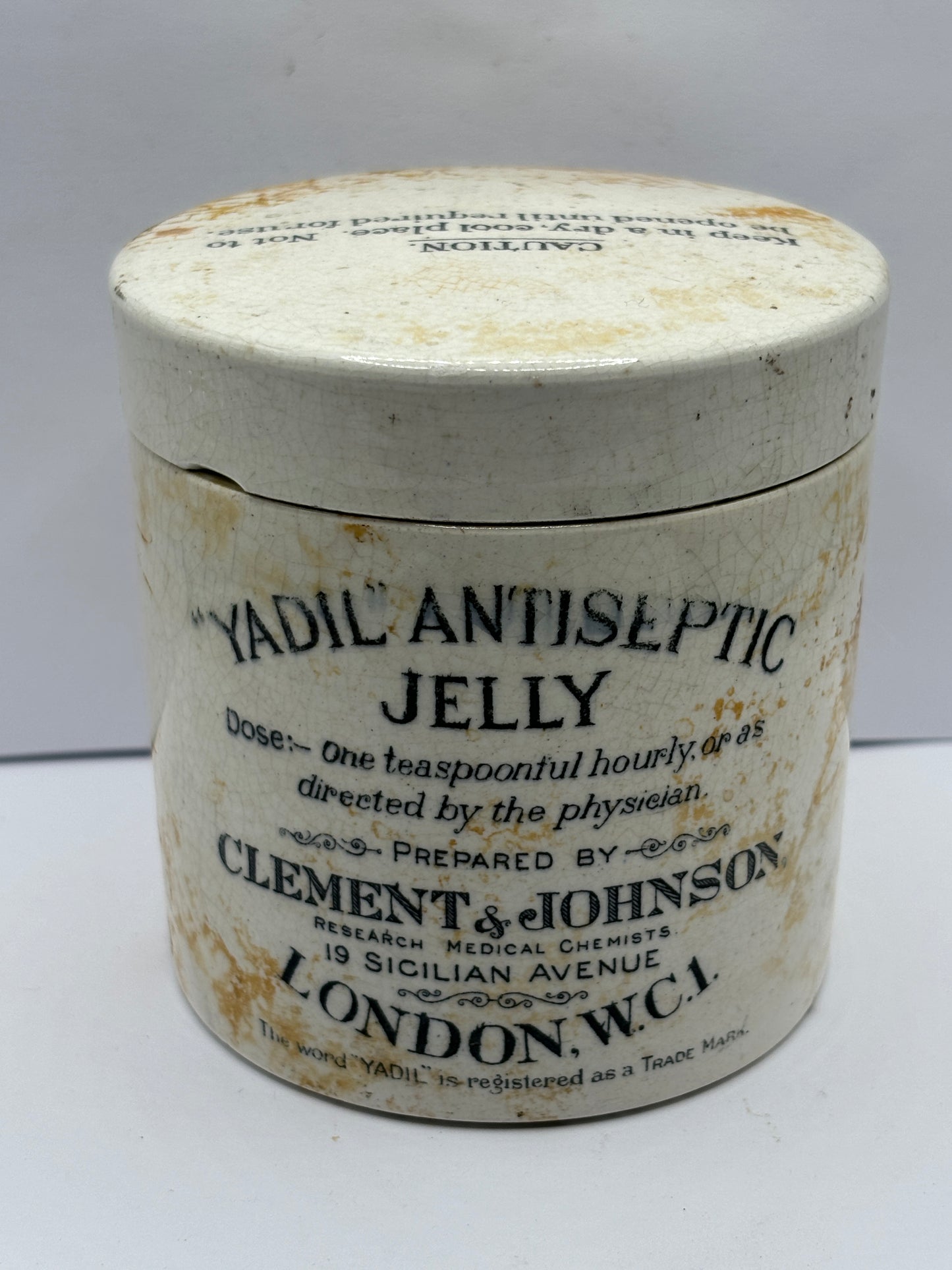 Old Yadil antiseptic jelly advertising pot, Clement & Johnson London