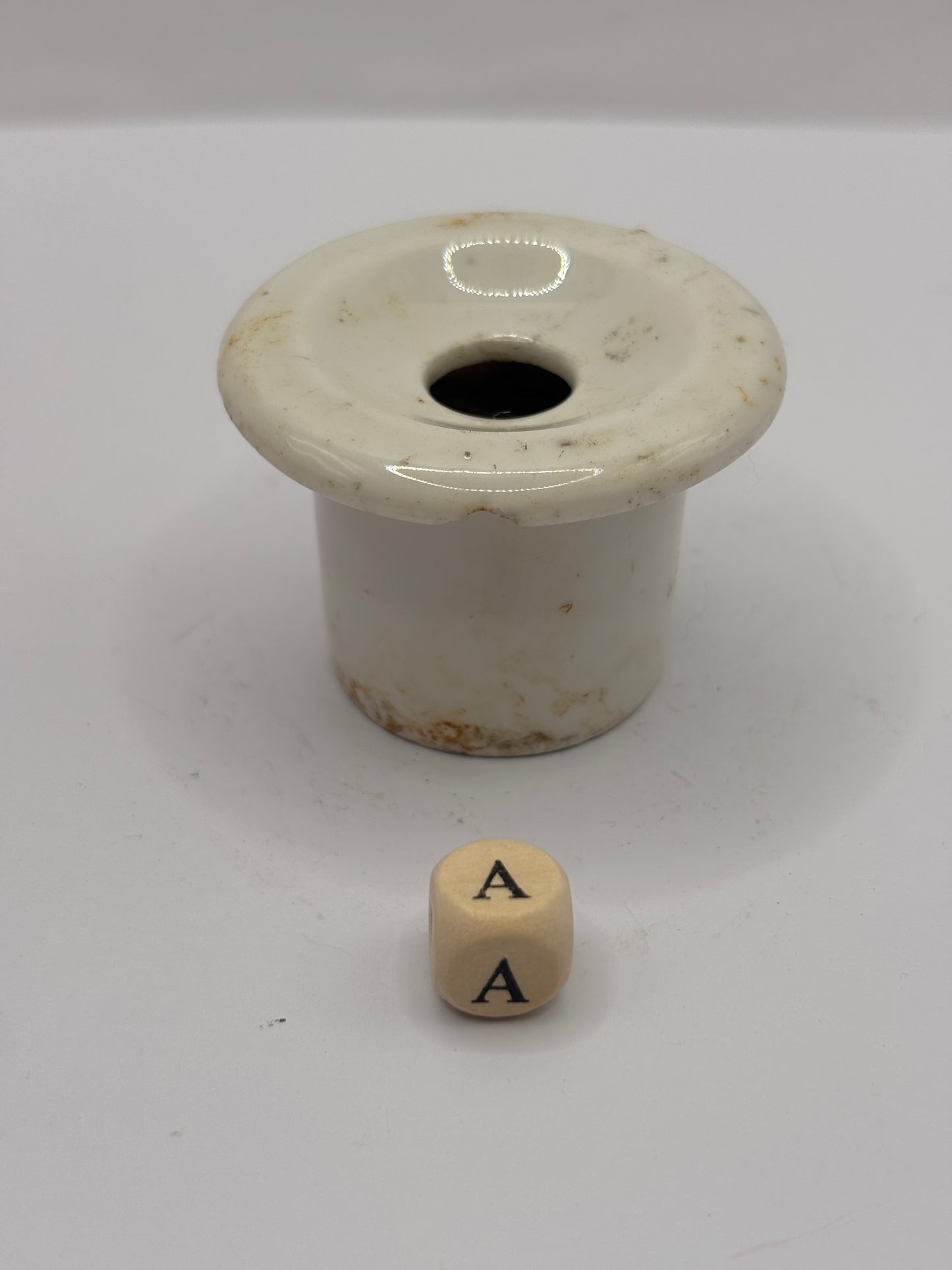 Old white stoneware school desk inkwell (a)
