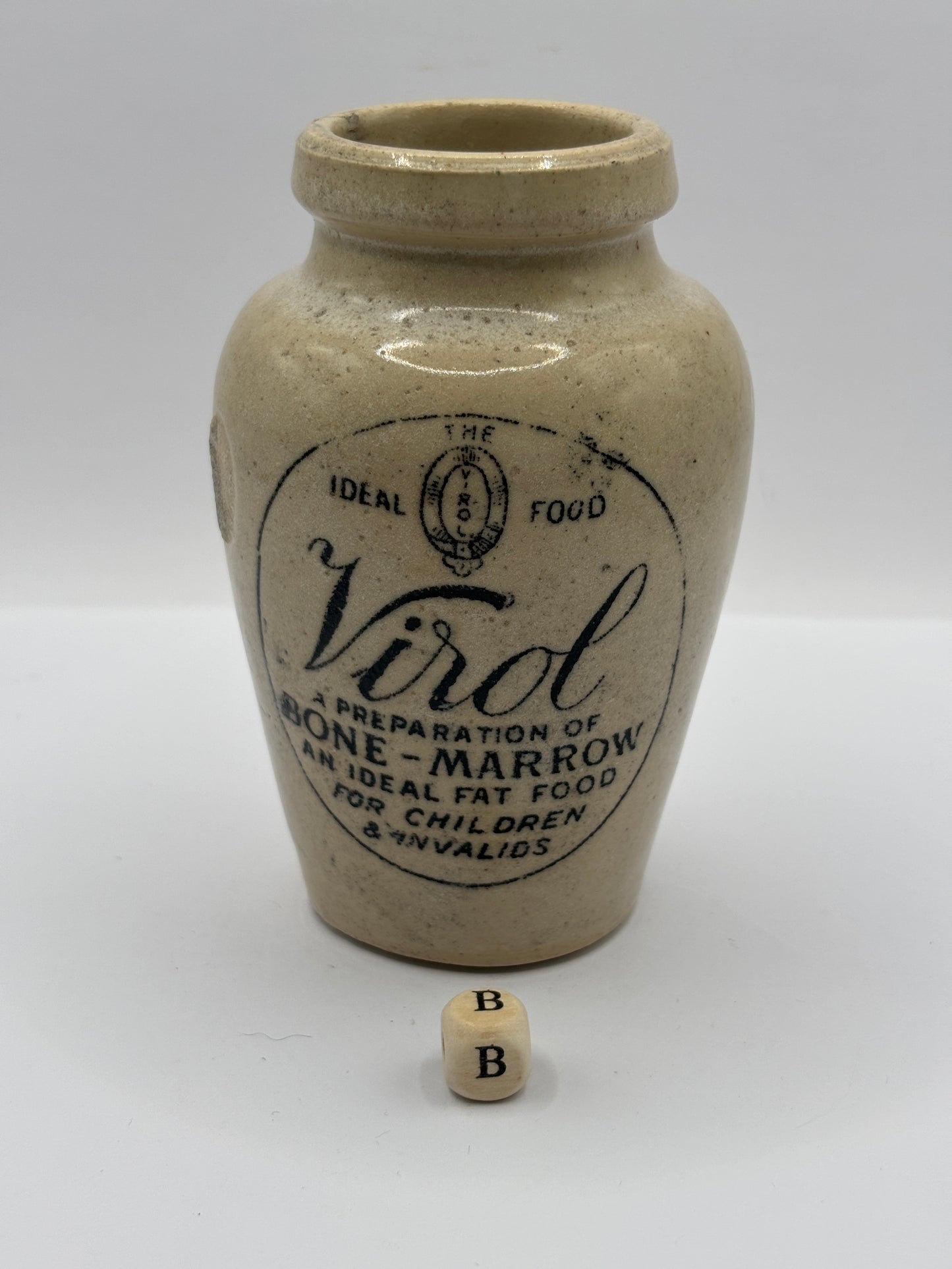 Old stoneware advertising Virol jar 10cms (B)