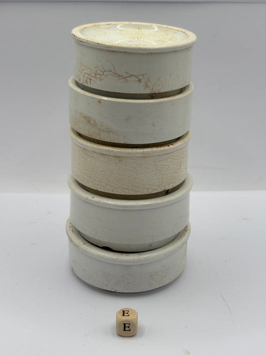 5 old stoneware pot lid bases, stackers (e)