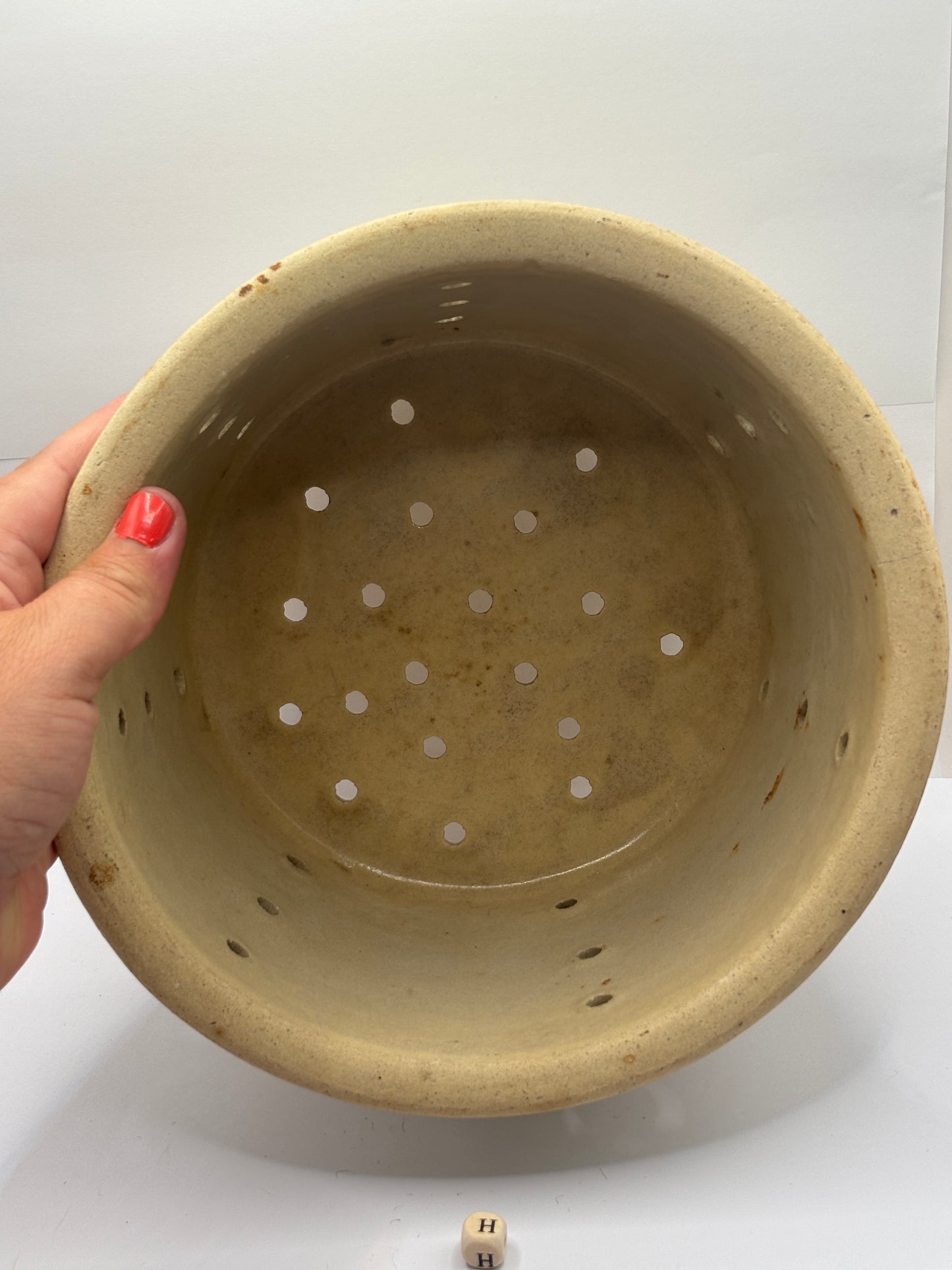 Old extra large french stoneware cheese strainer, cheese mold (H)