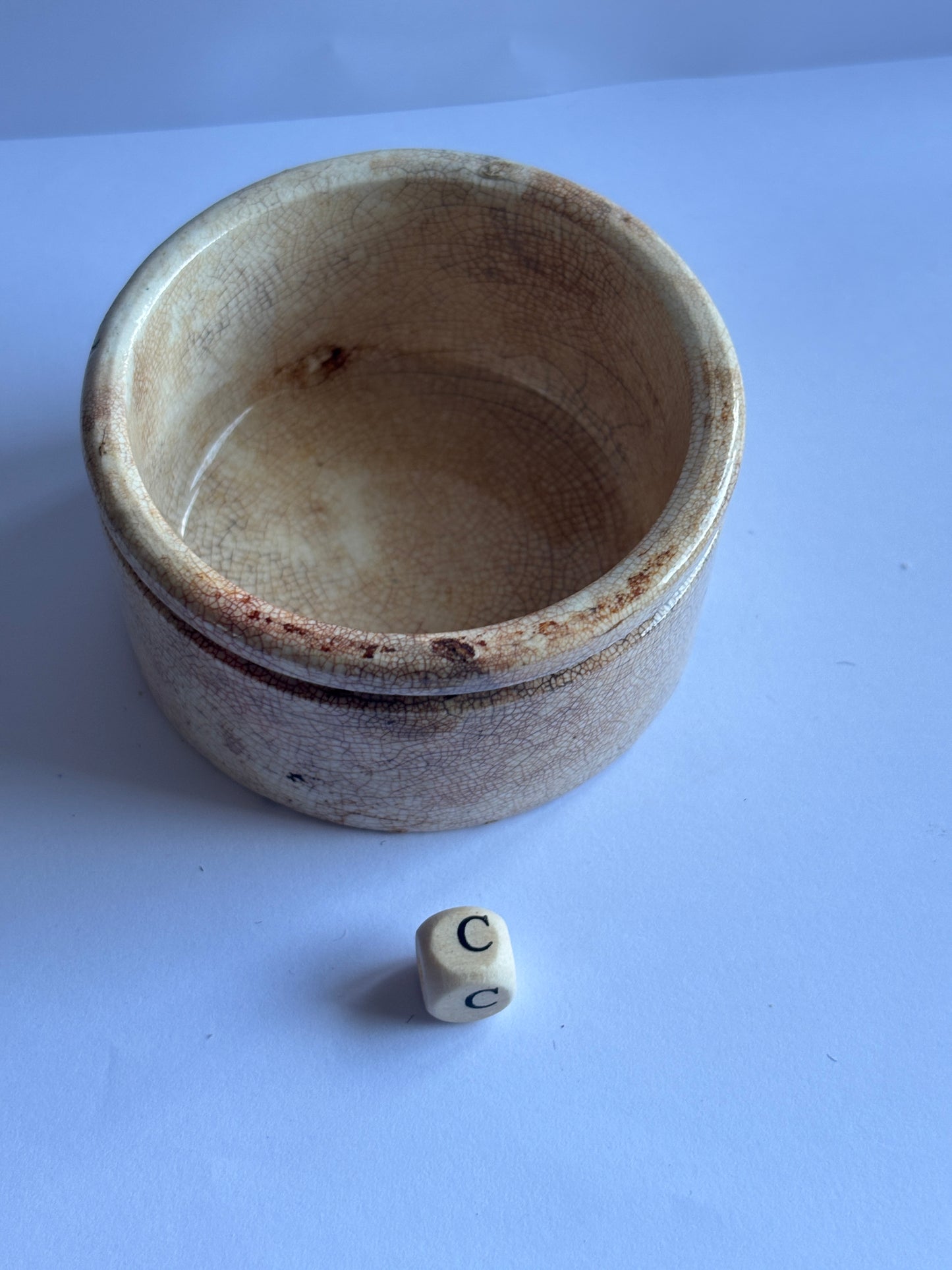 Old stained & crazed stoneware paste pot, Needhams polishing paste (c)