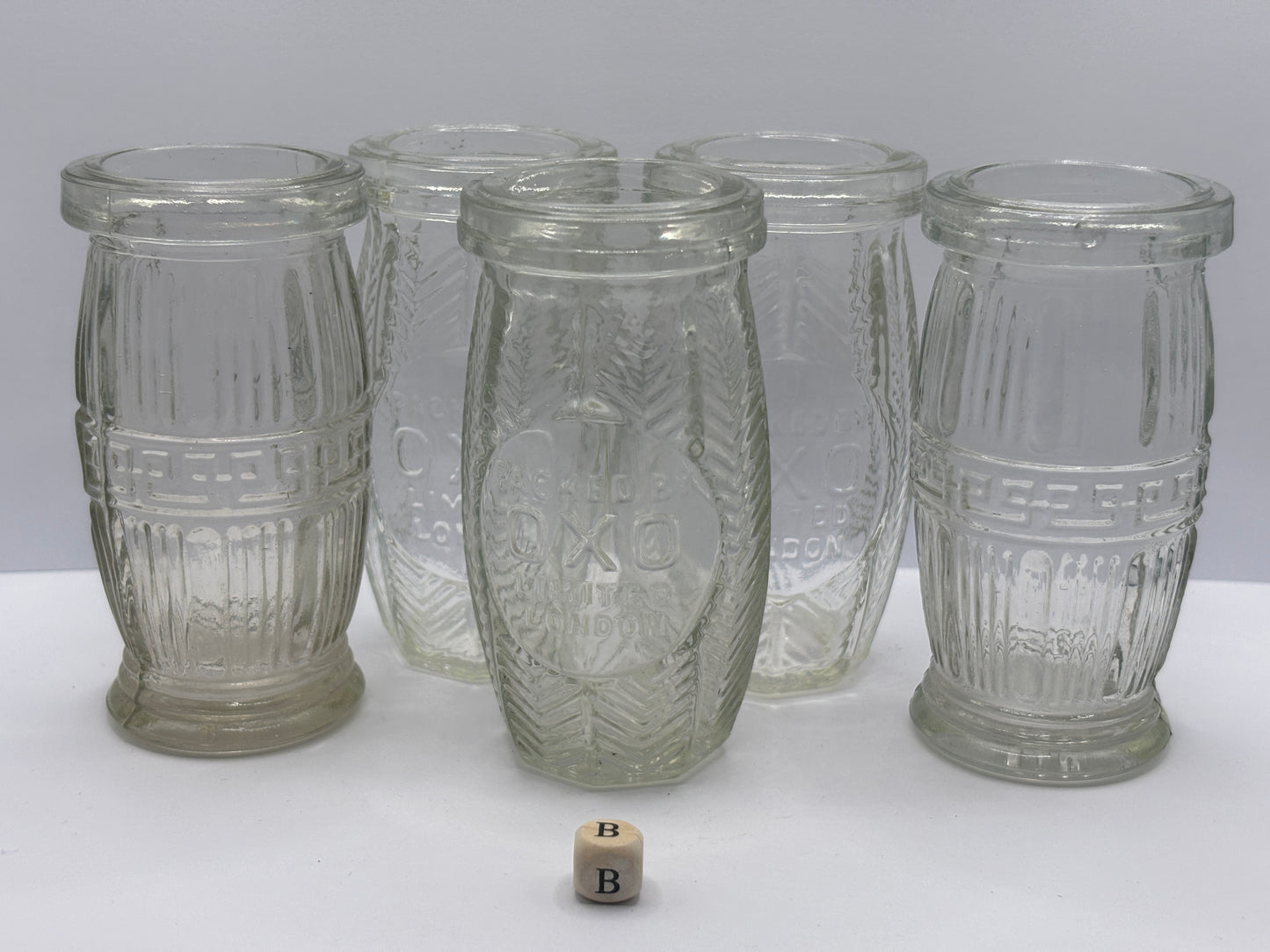 5 old clear glass meat paste jars (B)