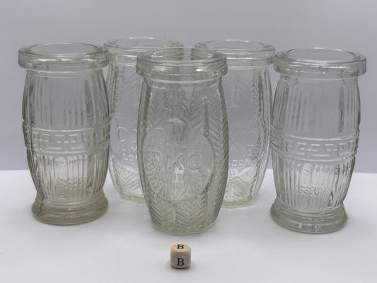 5 old clear glass meat paste jars (B)