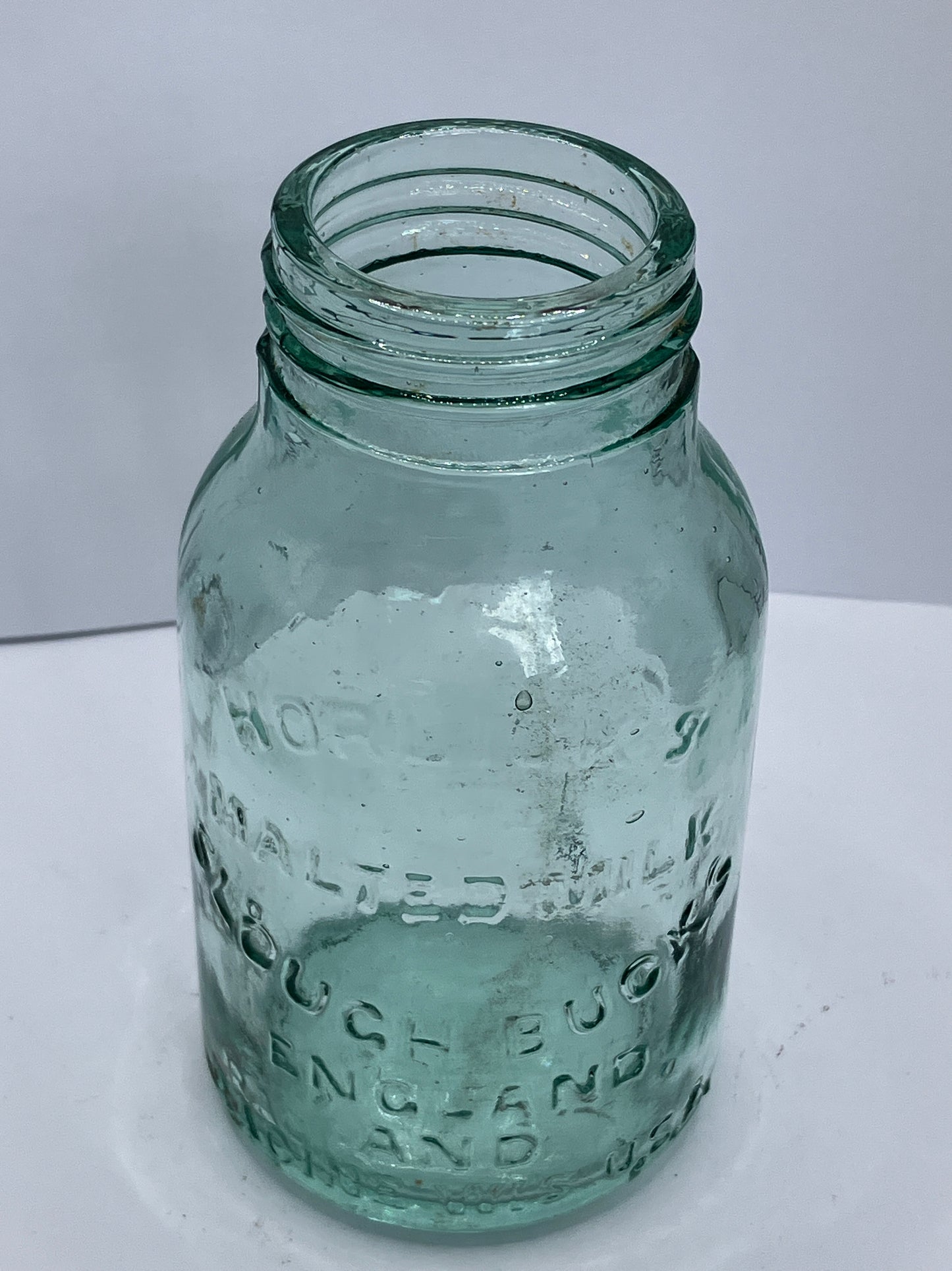 Small aqua glass Horlicks jar