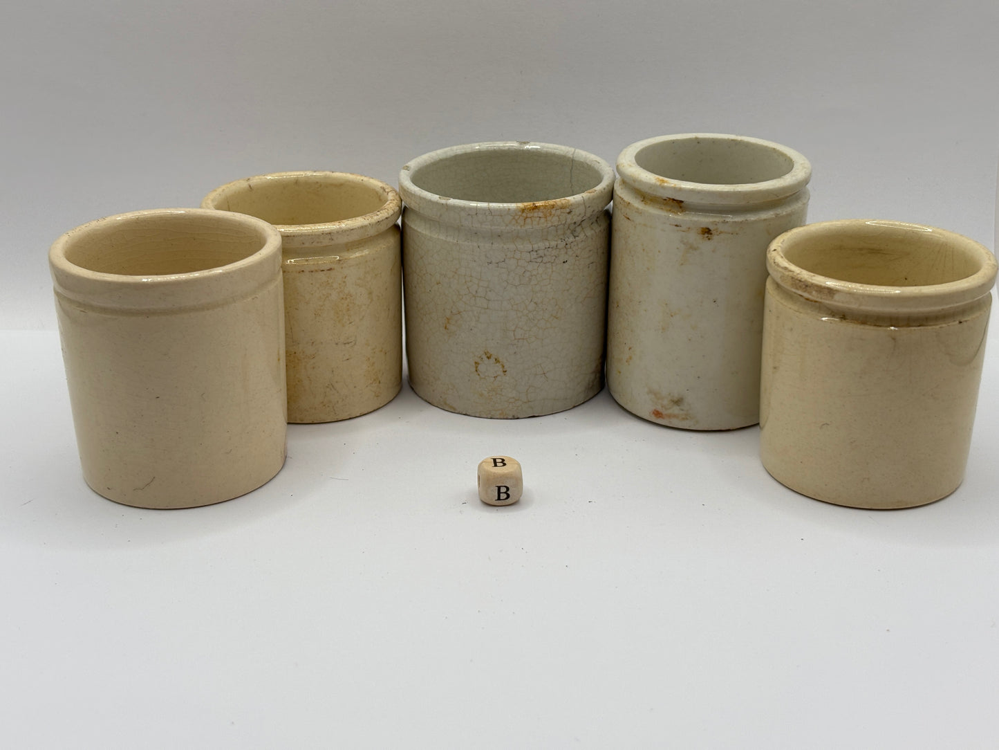 5 old small stoneware jars & pots (B)