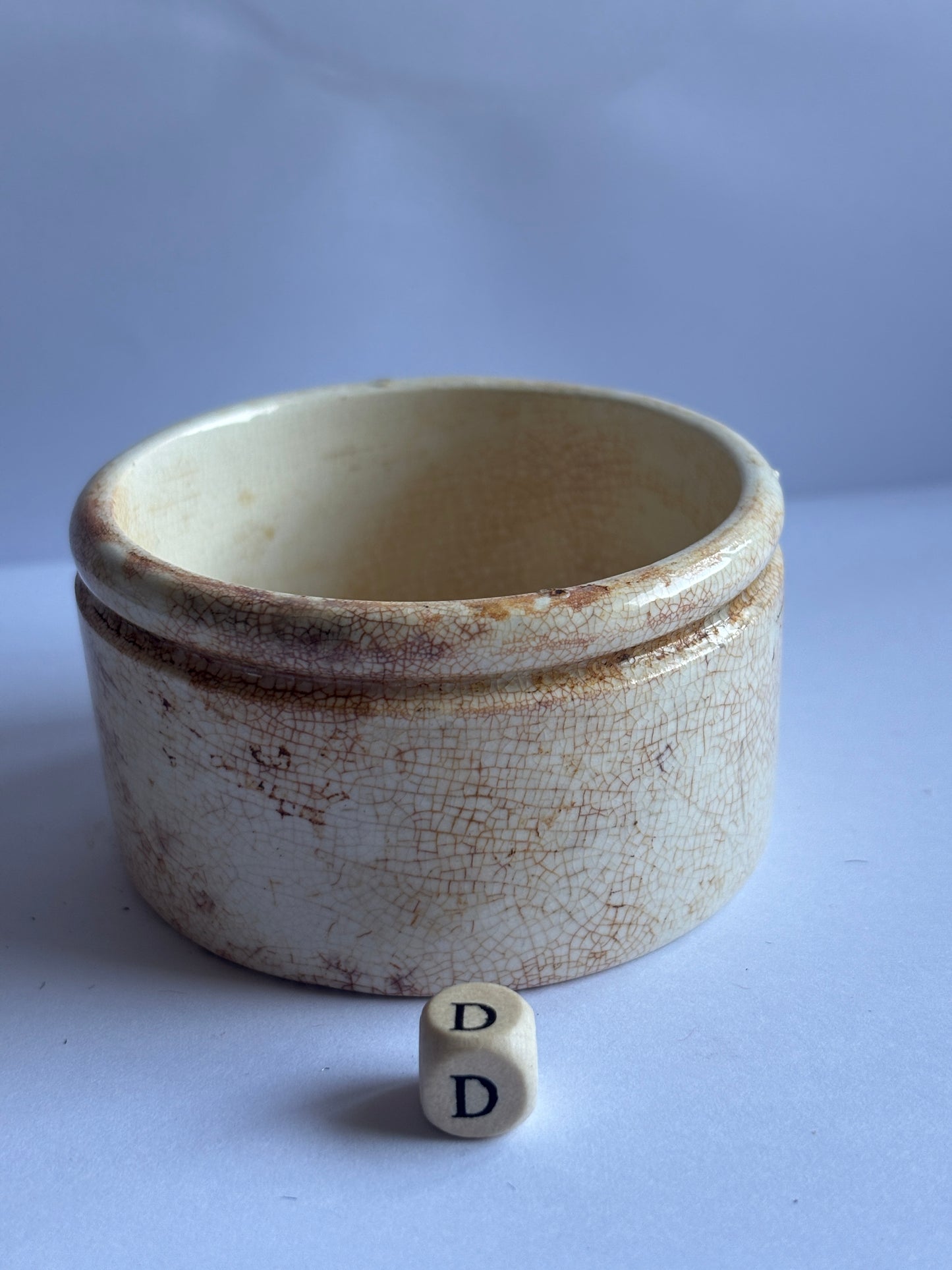 Old stained & crazed stoneware paste pot, Needhams polishing paste (D)