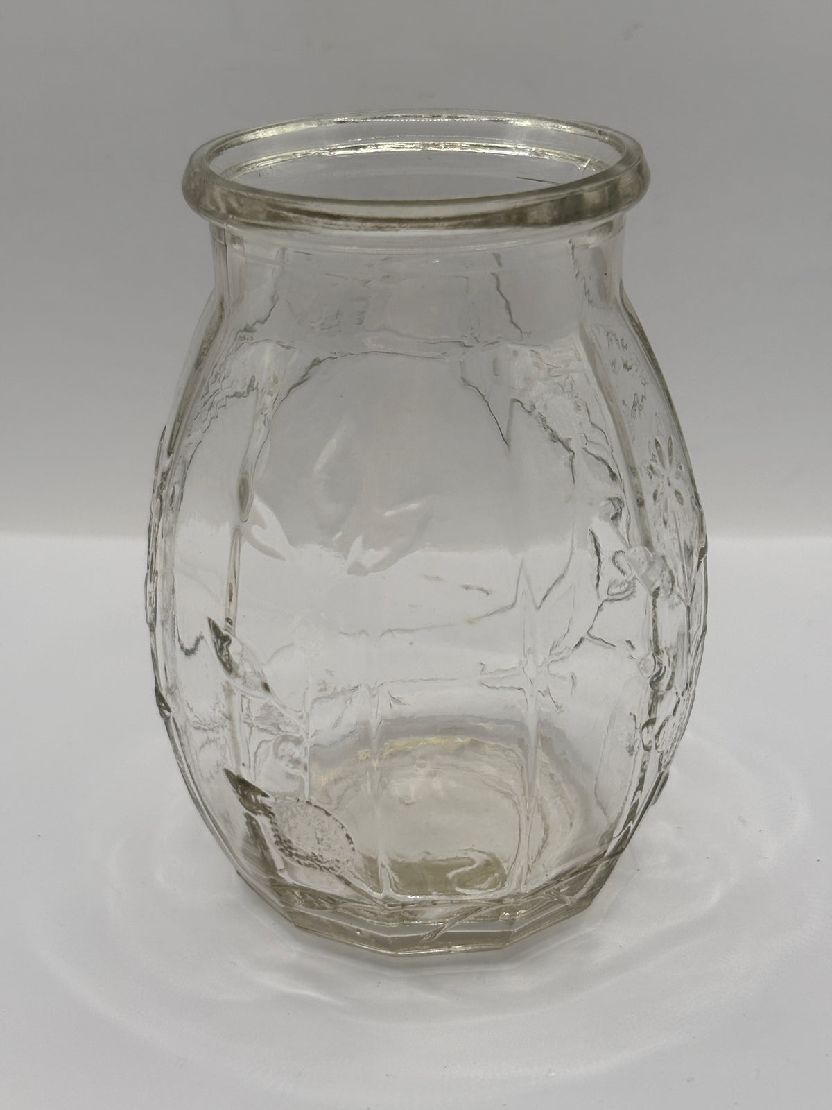 Old clear glass Roses marmalade jar
